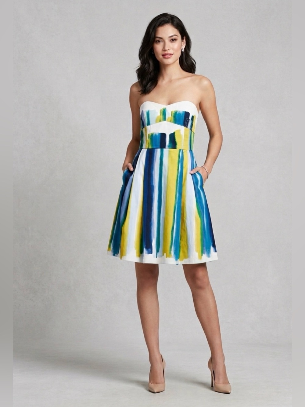 Calvin Klein Strapless A-Line Dress in Blue, Yellow & White